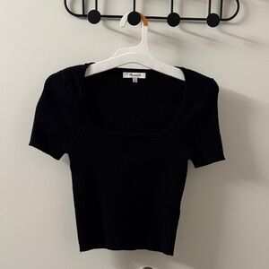Madewell Black Ribbed Square-Neck Short Sleeve Top